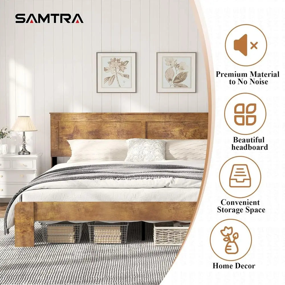 King Size Wooden Farmhouse Platform Bed Frame – Rustic Brown with Headboard