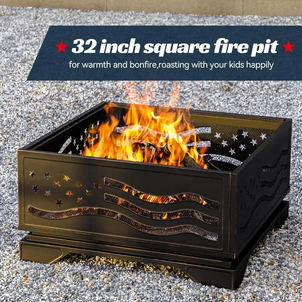 32Inch Square-Shaped Fire Pit,Outdoor Fire Pits with Spark Screen&Poker,Metal Square Wood Burning Firepits for Outside,Backyard,