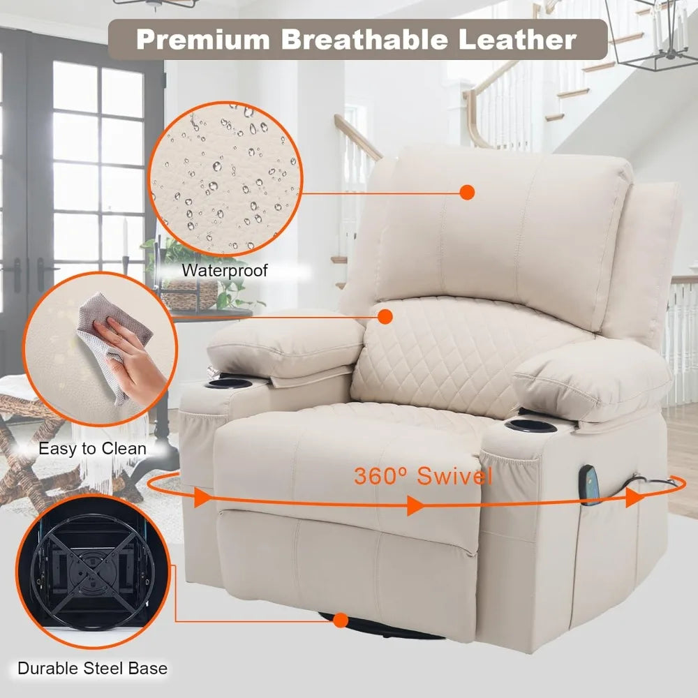 Leather Massage Recliner Chair with Heat Cup Holders for Adults, Thickly Padded Overstuffed Rocking Glider Chair, Swivel Rocker