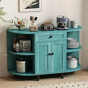 vintage blue freestanding sideboard with buffet cabinet, power outlet, and coffee bar storage