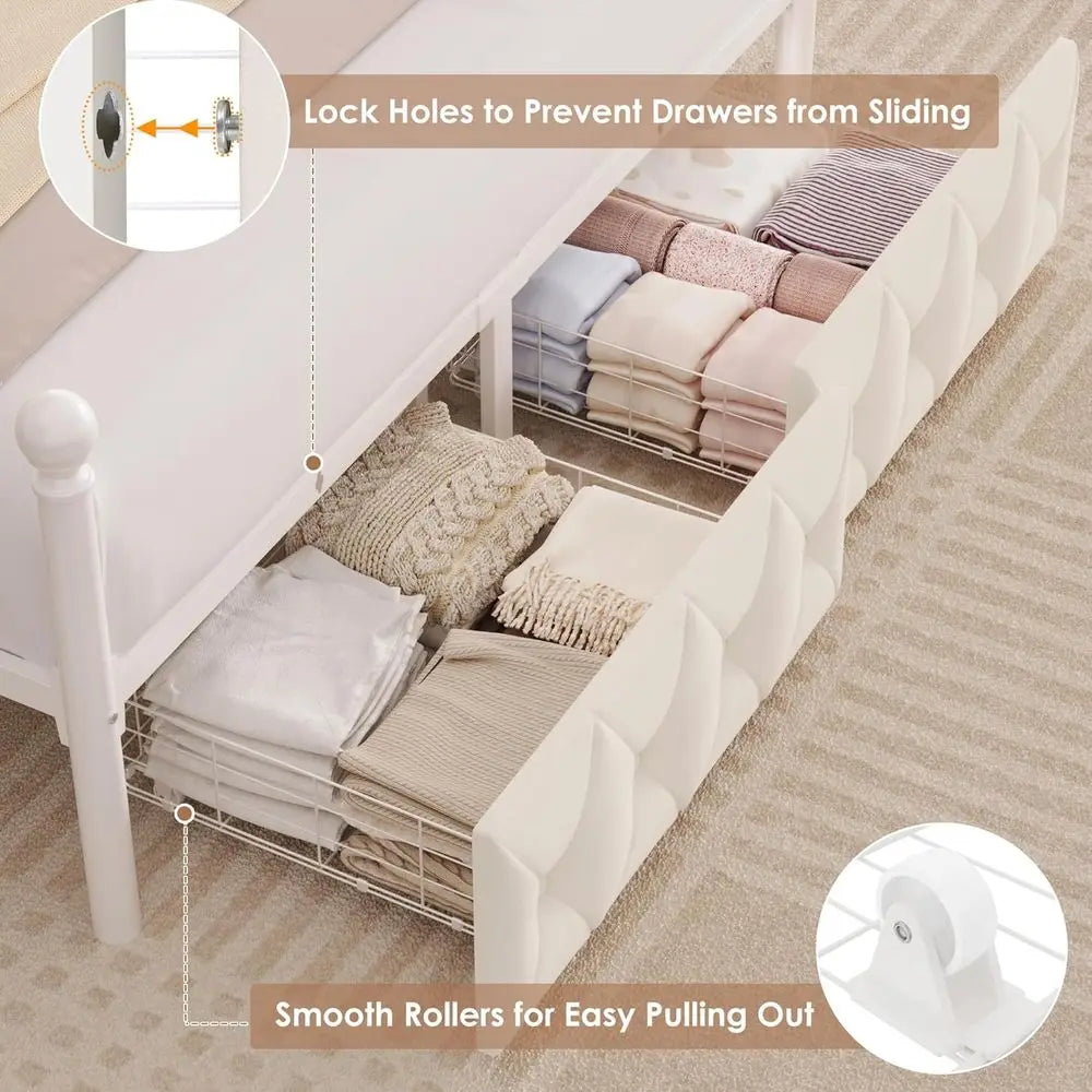 Queen Size Upholstered LED Canopy Bed Frame with Storage & Charging Station