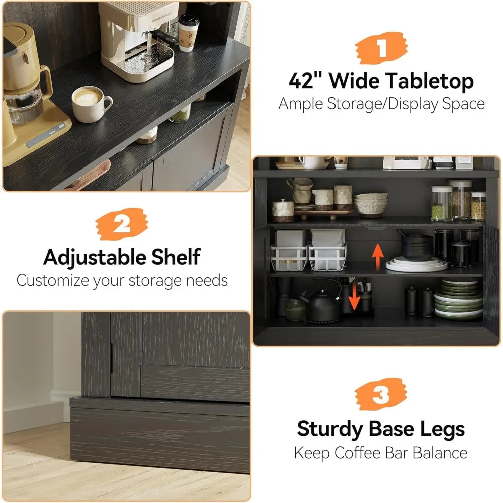 72″ Tall Farmhouse Coffee Bar Cabinet – LED Buffet Sideboard with Storage