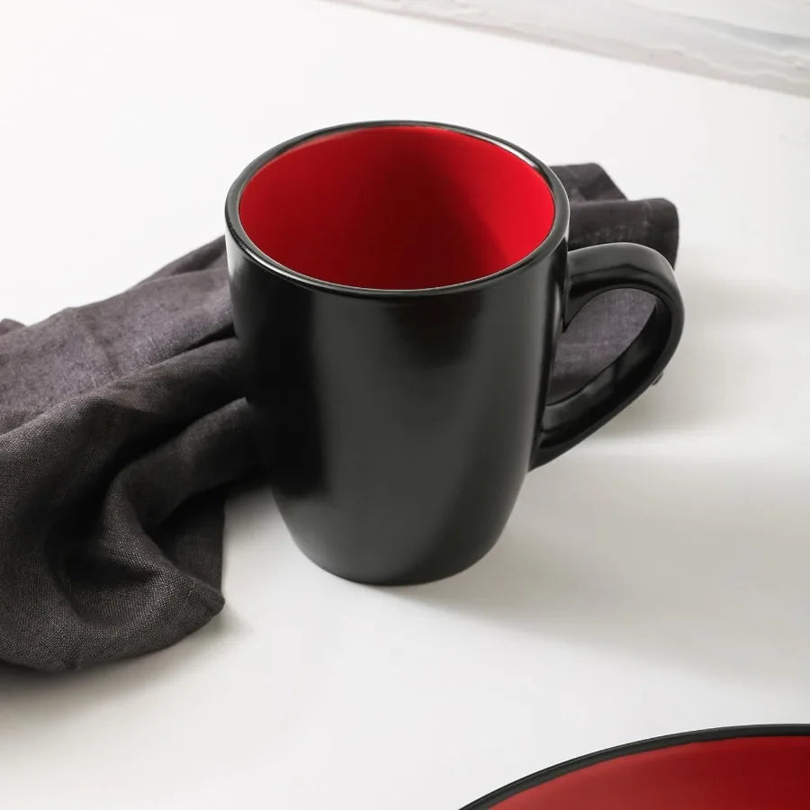 Albie Stoneware 32-Piece Dinnerware Set – Red and Black Plates & Bowls Dish Set for 8