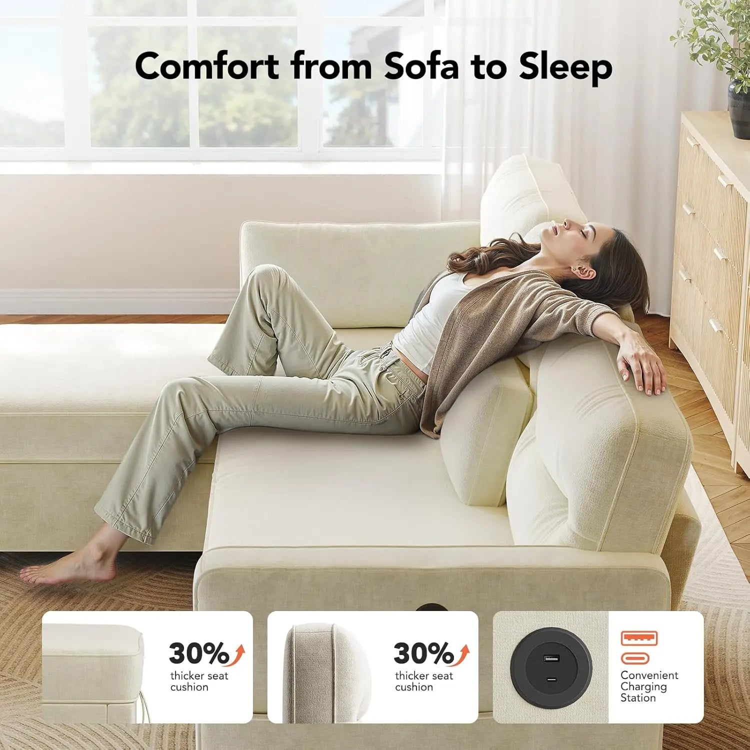 Sectional Sofa Bed with Reversible Storage Chaise, Pull Out Couch Bed Convertible Cloud Chenille Couch with USB Charging & Side