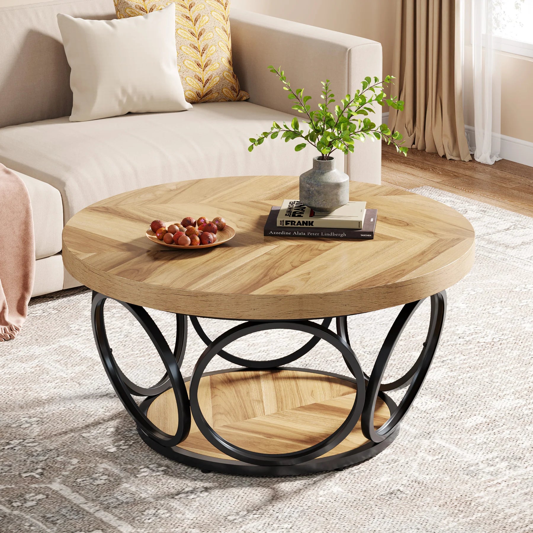 31.7” Round Industrial Coffee Table – 2-Tier Circle Table with Storage Shelves