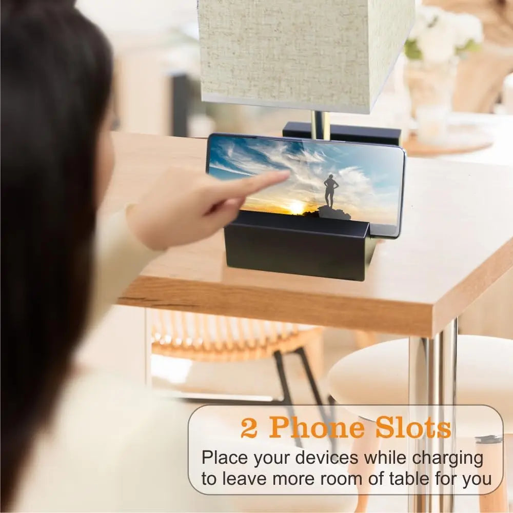 Fully Dimmable Bedside Lamps for Bedroom with Two Phone Stands,Wooden Desk Lamp for Table Living Room Reading Light Home Decor
