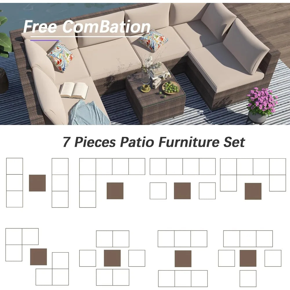 7 Piece Patio Furniture Set, Outdoor Couch Set—All-Weather Outdoor Furniture Sectional w Water Resistant Thick Cushions, Patio