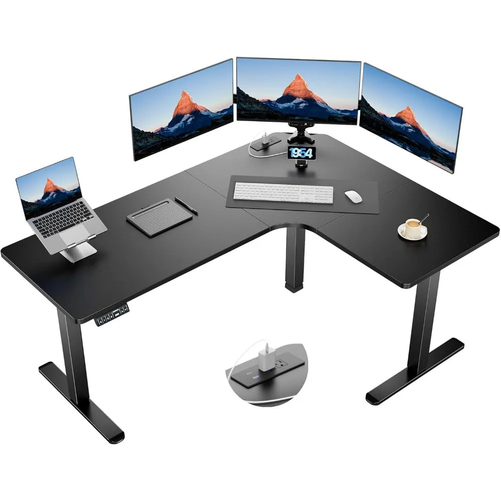 63″ Dual Motor L-Shaped Standing Desk, Built-in Power Outlets, Electric Height Adjustable Corner Computer Desk, Large Pow