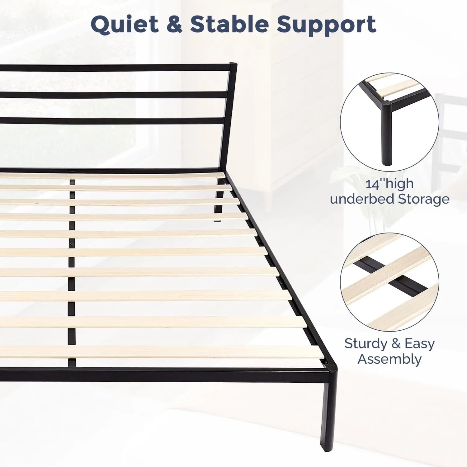 Full Size Metal Platform Bed Frame with Headboard – Noise-Free Wooden Slats & Non-Slip Foundation