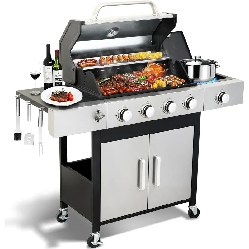 4 Burner Propane Gas BBQ Grill with Side Burner - 46890 BTU Output Stainless Steel Grill with Enameled Cast Iron Cooking
