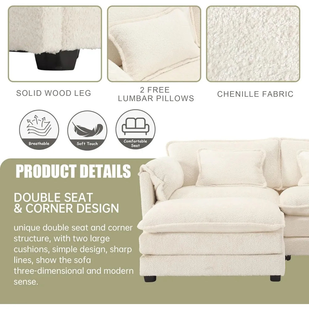 Sectional Modular Cloud Sofa Couch, 76.77" Chenille Comfy Upholstered L-Shape Sofa with Re-moveable Ottoman and 2 Pillows