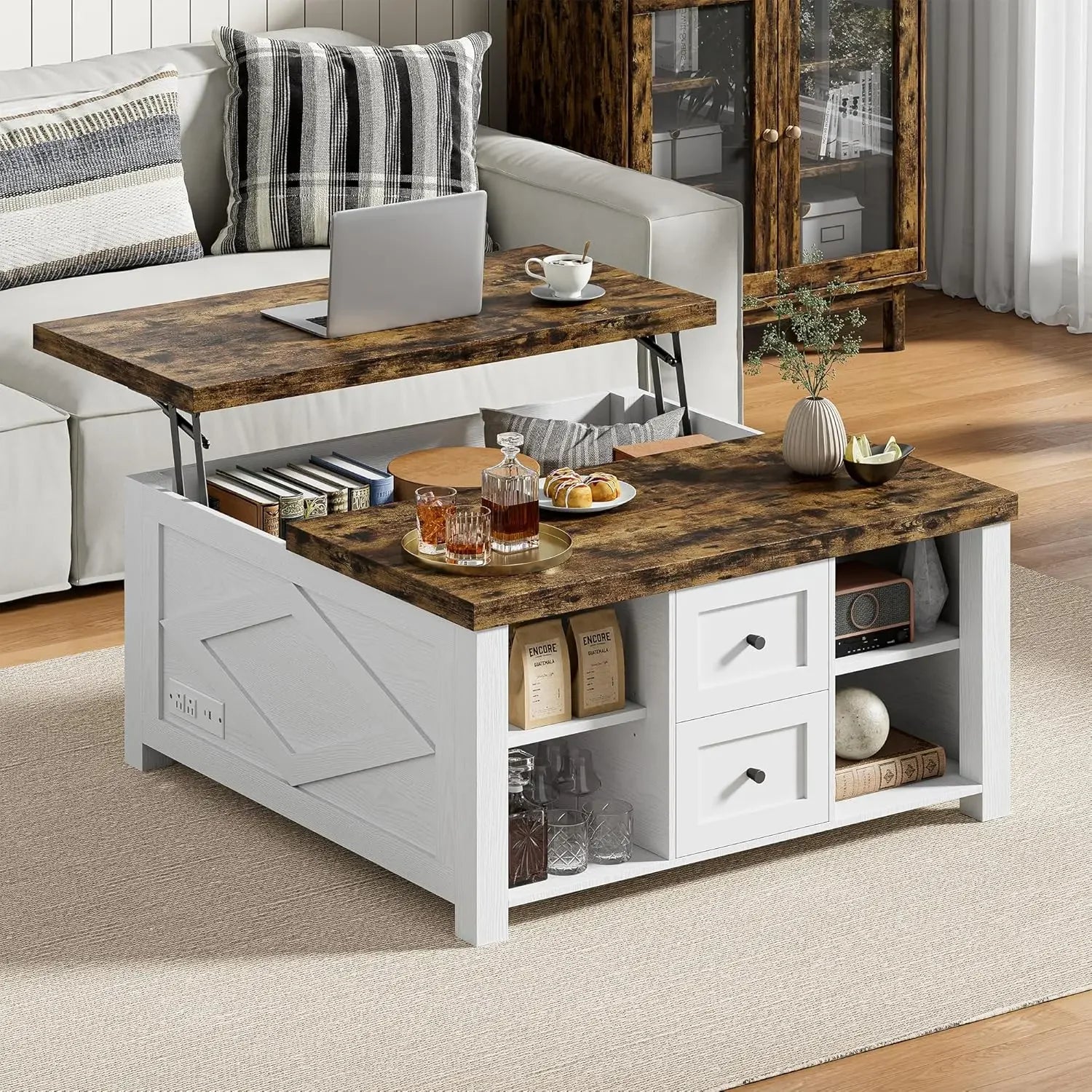 Lift-Top Coffee Table with Storage – Square Living Room Table with Charging Station & Drawers