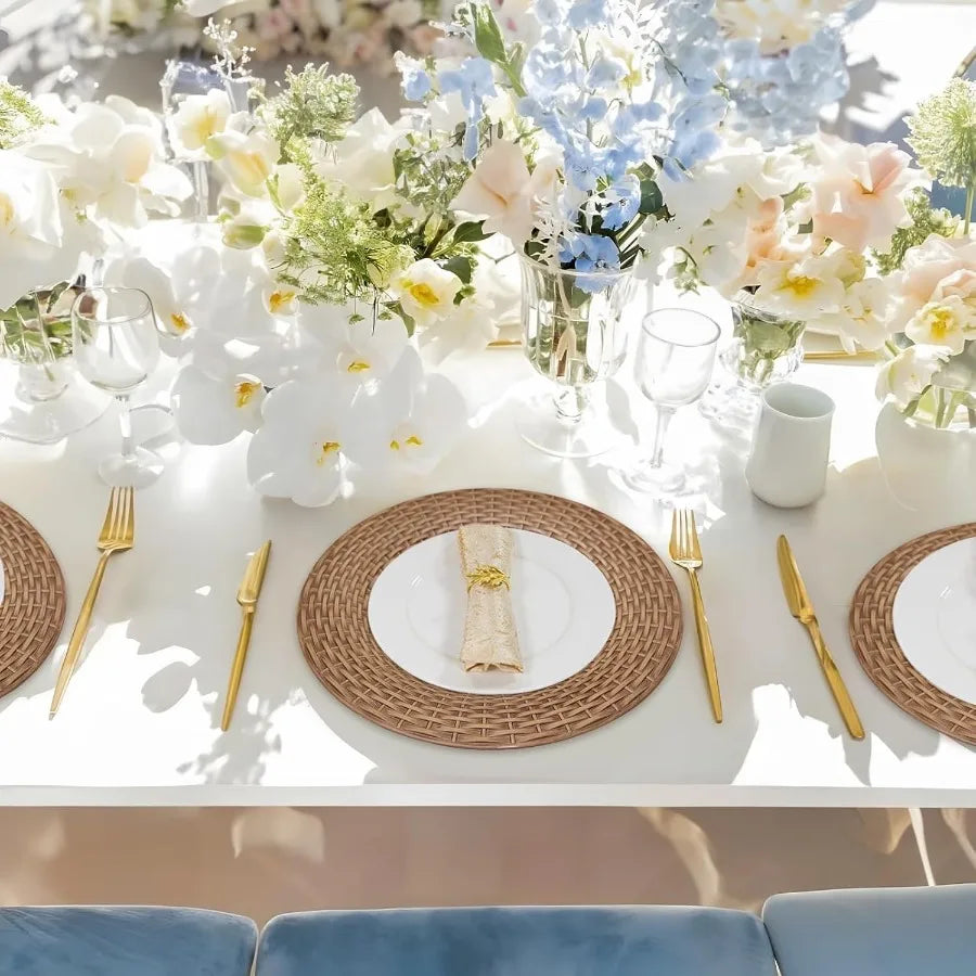 Faux Rattan Charger Plates – Set of 12, 13″ Round Brown Table Chargers