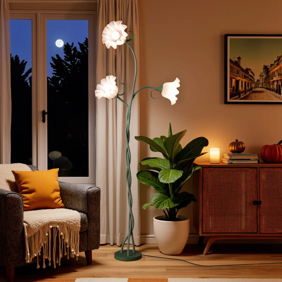 Retro 3-Head Flower Floor Lamp, Contains Bulb, 3-Color Dimmable, with Flexible Neck Shaft That Can Be Adjusted at Will, Suitable for Living Room, Bedroom, Study Room Decoration.