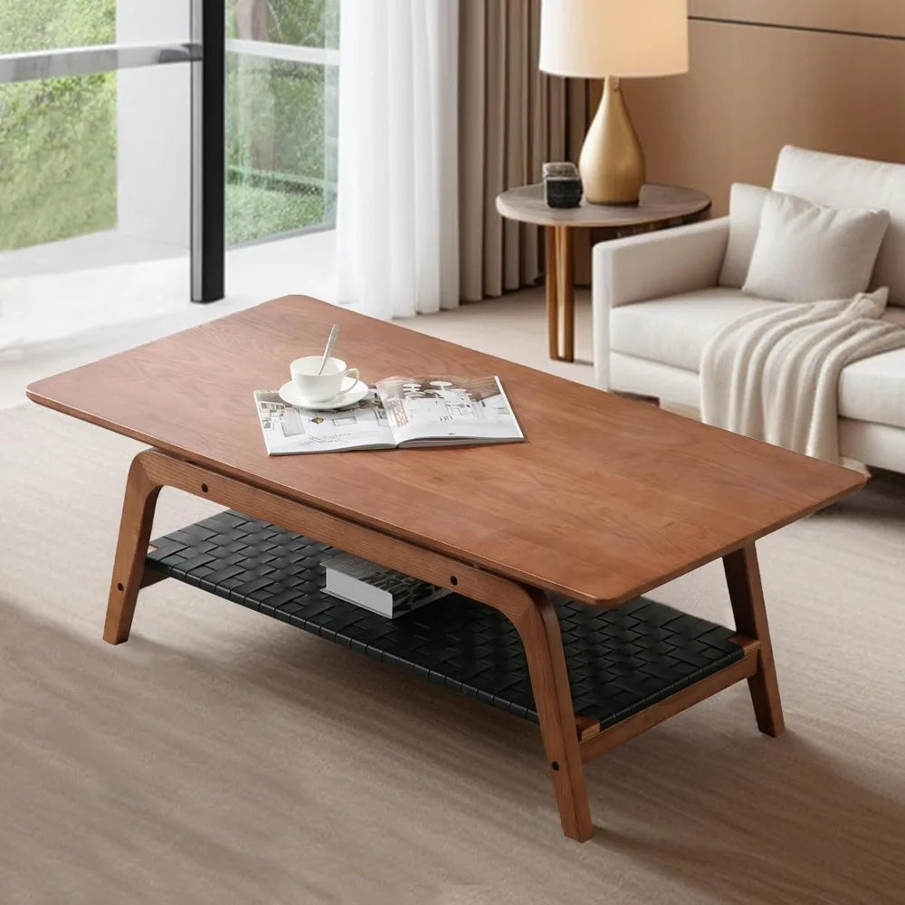 Solid Wood Coffee Table – 47” Mid-Century Modern Rectangular Coffee Table with 2-Tier Storage