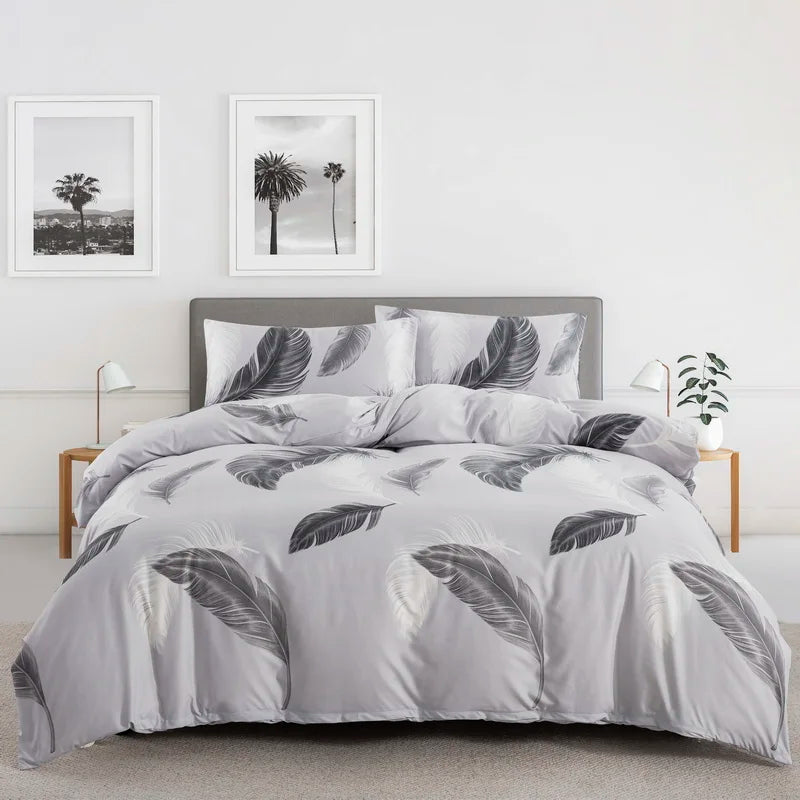 Grey Feather Duvet Cover Full Queen Bird Plume Boho Bedding Set Luxury Soft Reversible White Comforter Cover for Kids Girls Teen