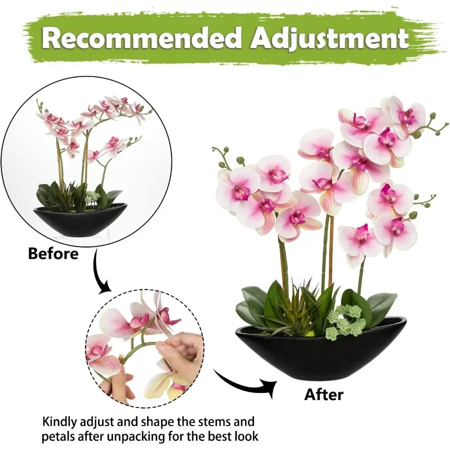 17inch Pink Orchid Fake Flowers with Black Pot Artificial Silk Orchid Arrangement for Home Office Bathroom Table Centerpiece Mo