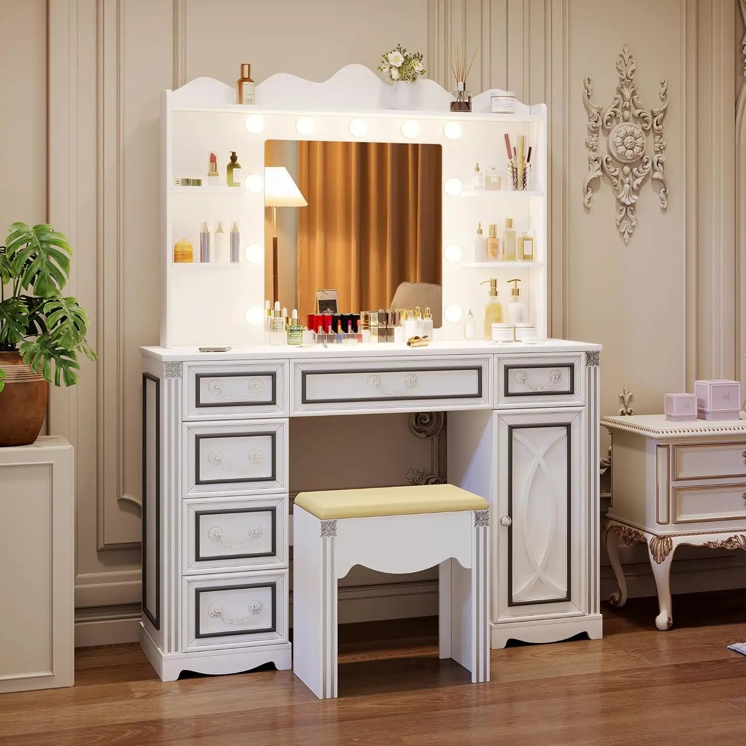 Makeup Vanity Desk with Mirror, Lights & Charging Station, 6 Drawers, White Bedroom Dressing Table
