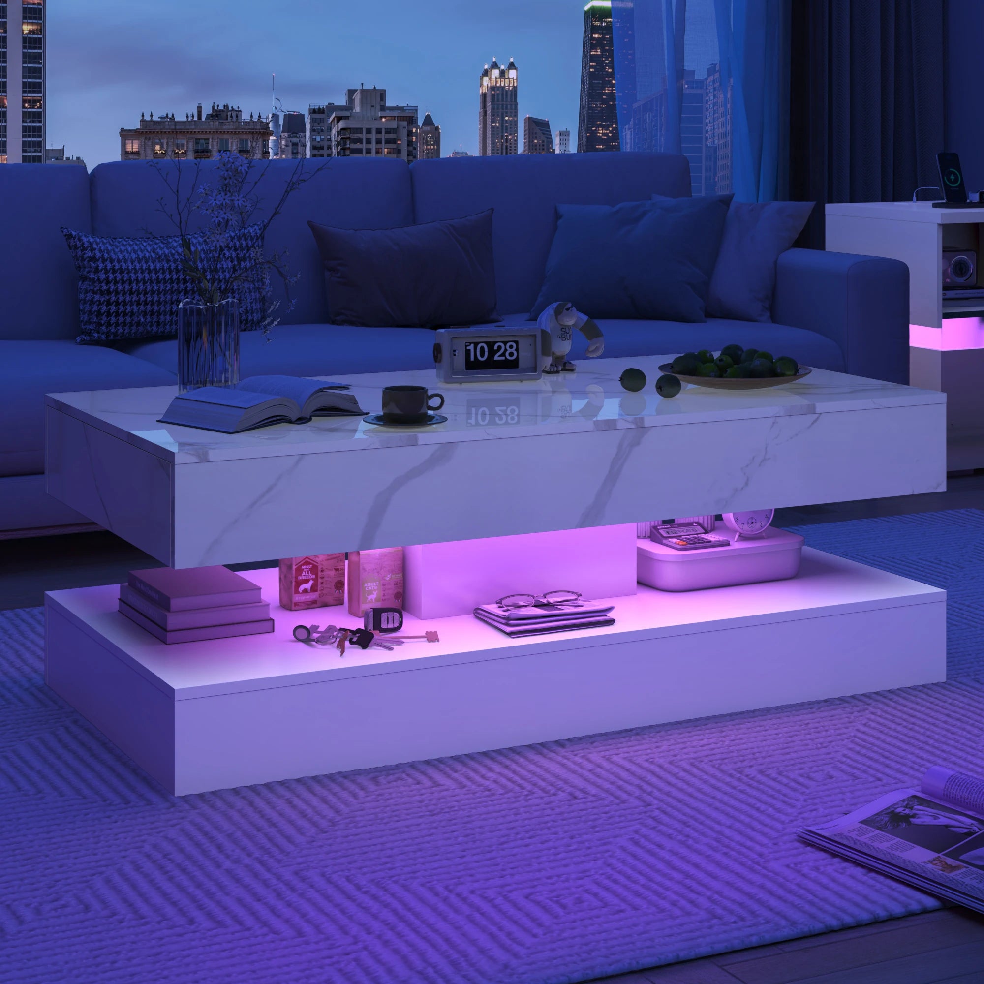 Modern LED Coffee Table with Double-Layer Design & Dual Storage Drawers