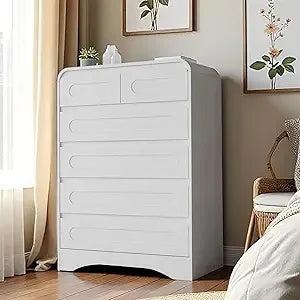 Grey Dresser for Bedroom with 6 Drawers, Tall Dressers & Chest of Drawers with Curved Profile Design, Farmhouse Wood Closet Clot