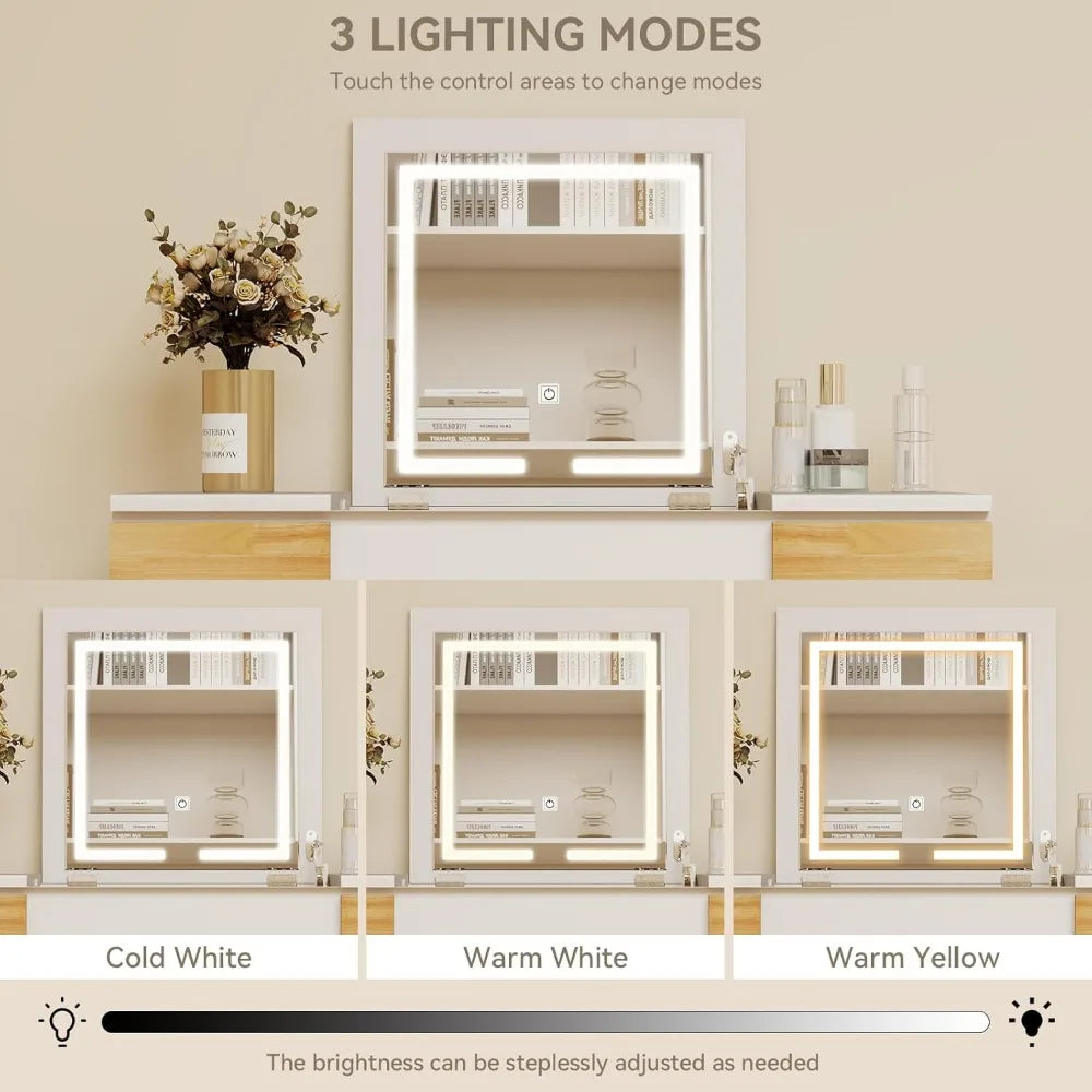 Makeup Vanity Desk with Flip-top Mirror and Lights, 3-in-1 Makeup Vanity Table with 2 Drawers and Cushioned Stool, Writ