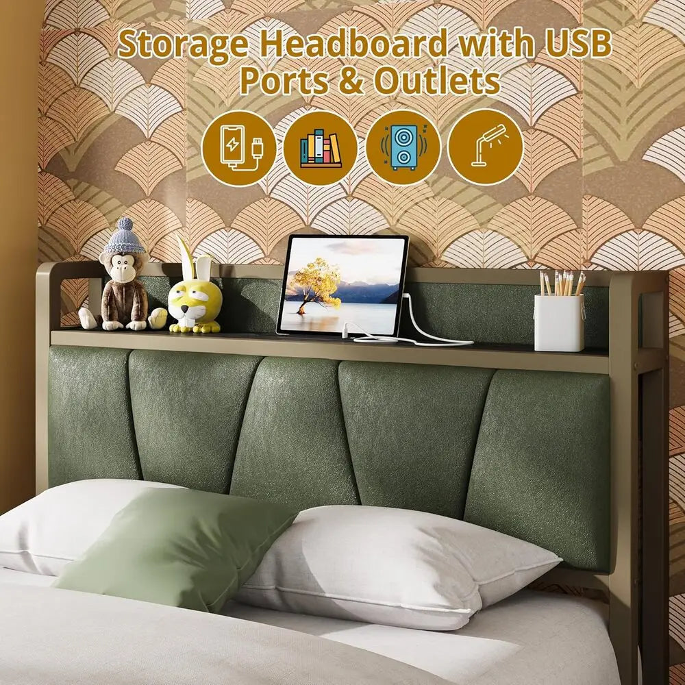 Bed Frame with Storage Headboard & Charging Station – Twin / Queen