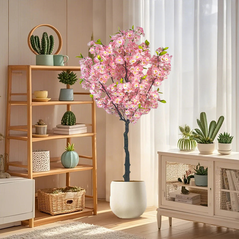 Artificial Cherry Blossom Tree, Tall Potted Faux Cherry Blossom Tree Plants In Pot With Lifelike Trunk For Indoor Home Decor
