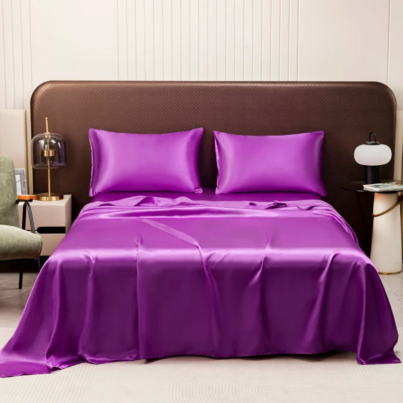 Opulent Solid Color Satin Bedding Set,Includes Flat Sheet, Fitted Sheet, Pillowcases,Luxury Linens for a Royal Sleep Experience
