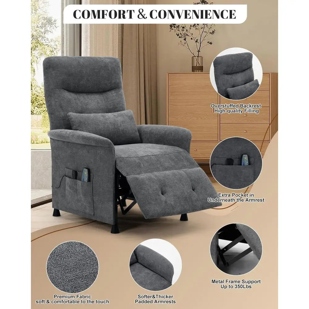 Premium Gray Heated Massage Vibration Electric Reclining Sofa with Side Pocket and Remote for Adult Living Room or Home Theater