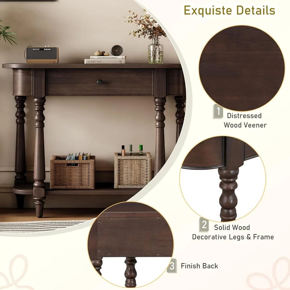 36-Inch Small Curved Console Table - Retro Farmhouse Style Wood Entry Sofa Table with Drawer and Storage Shelf for Living Room H