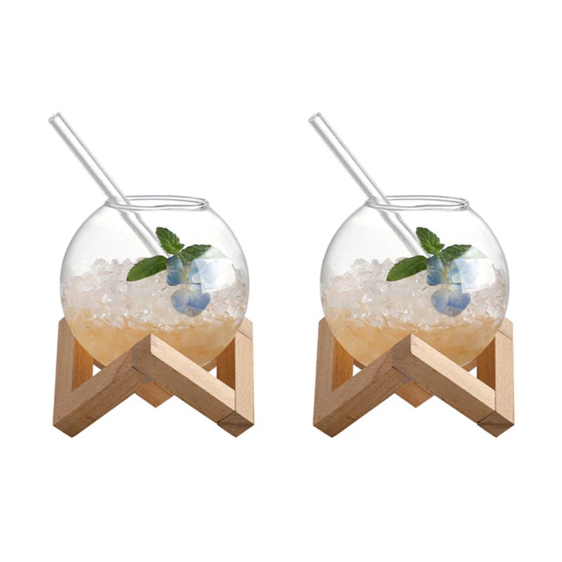 Creative Ronud Ball Glass Cup with Wood Stand Straw Wine Cocktail Glass Cup Clear Moon Ball Cold Drinking Juice Cups