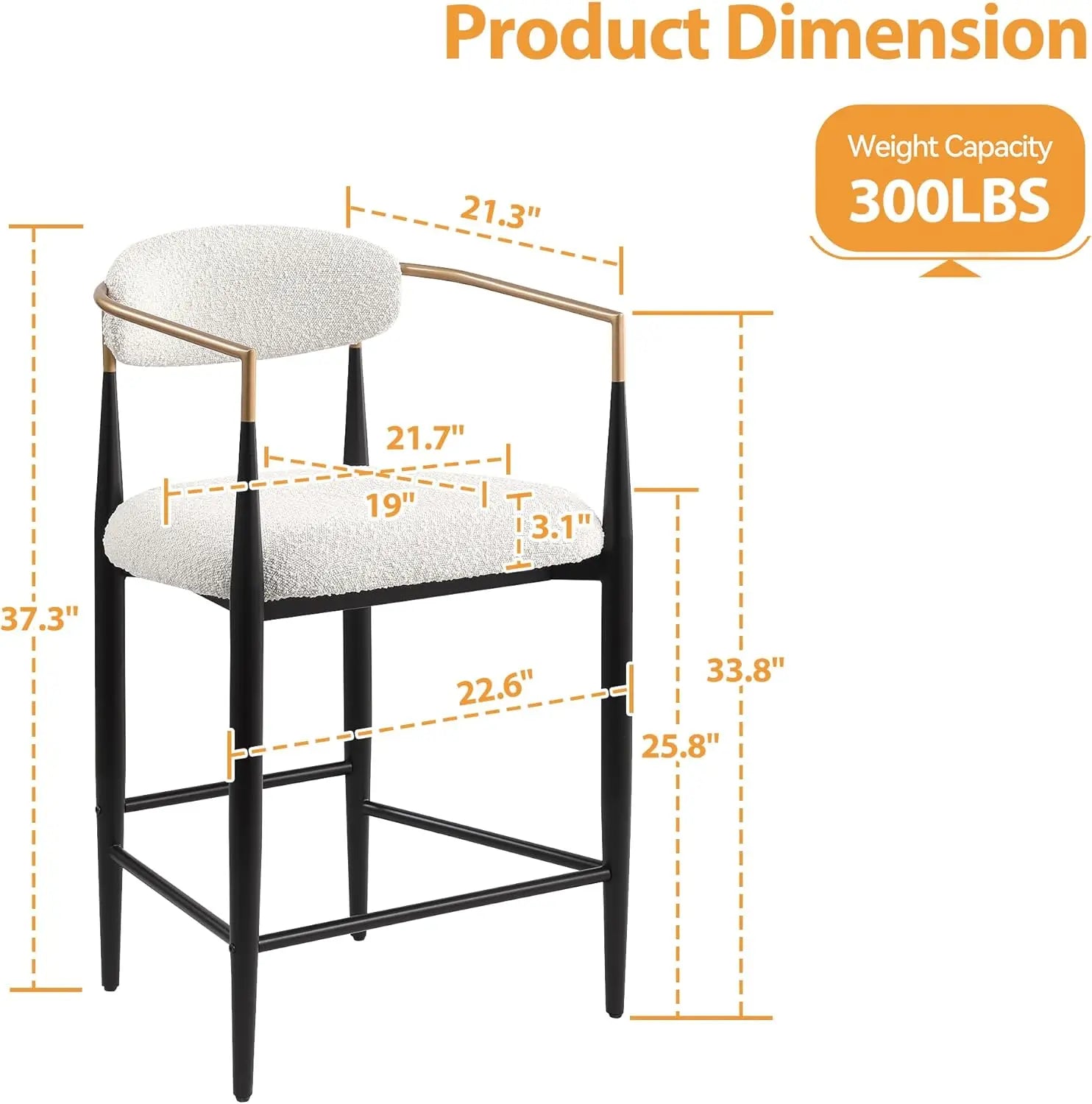 Counter-Height Bar Stools – Modern Upholstered Chairs with Gold Arms (Set of 2)