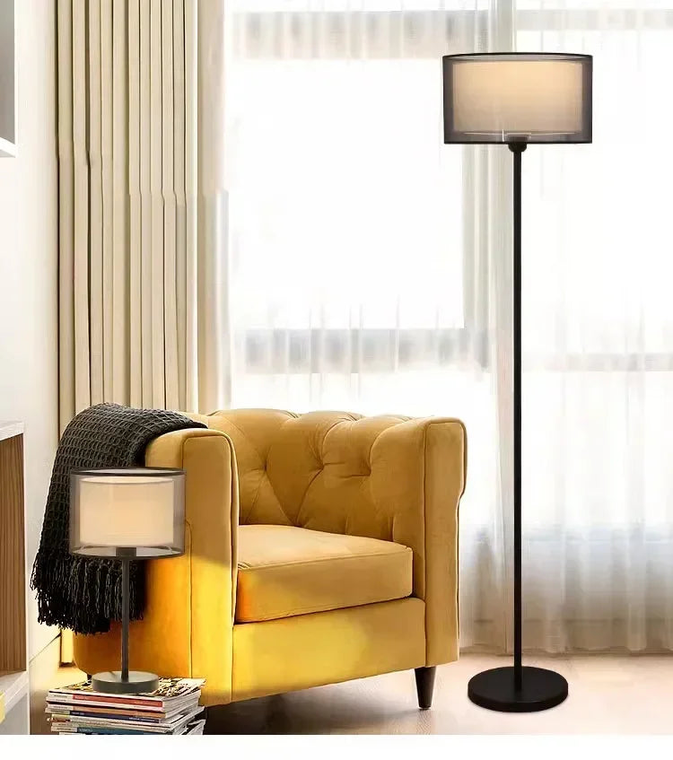 LED Modern Creative Circular White Black Fabric Lampshade Floor Lamp Living Room Bedroom Home Indoor Atmosphere Decoration Light