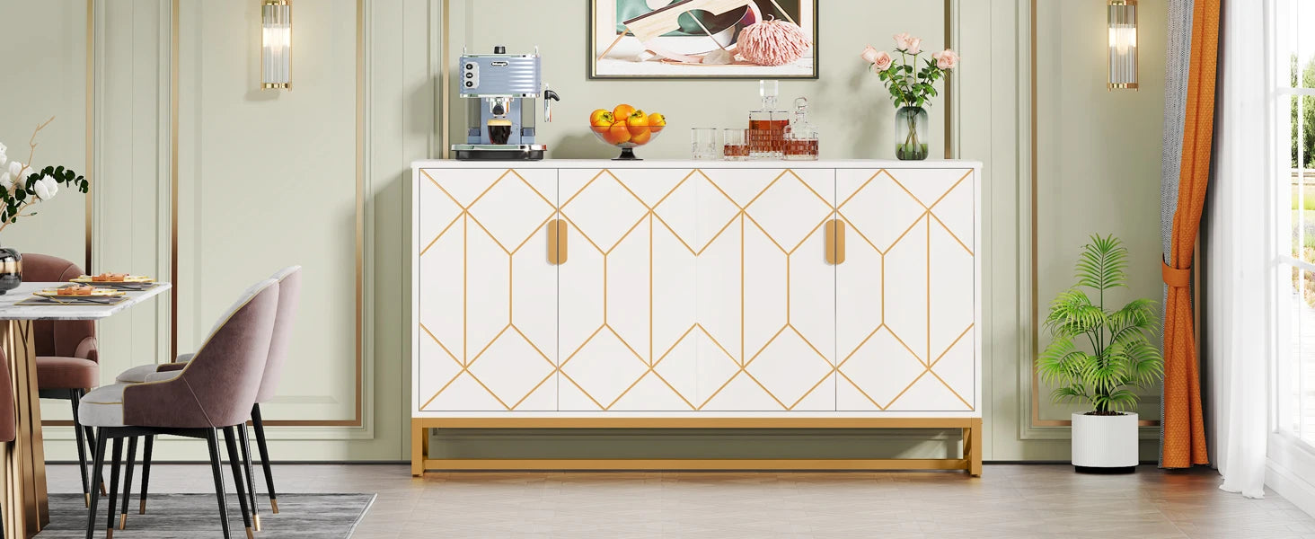 Tribesigns 59" White Gold Buffet Cabinet with Storage Kitchen Sideboard Storage Cabinet