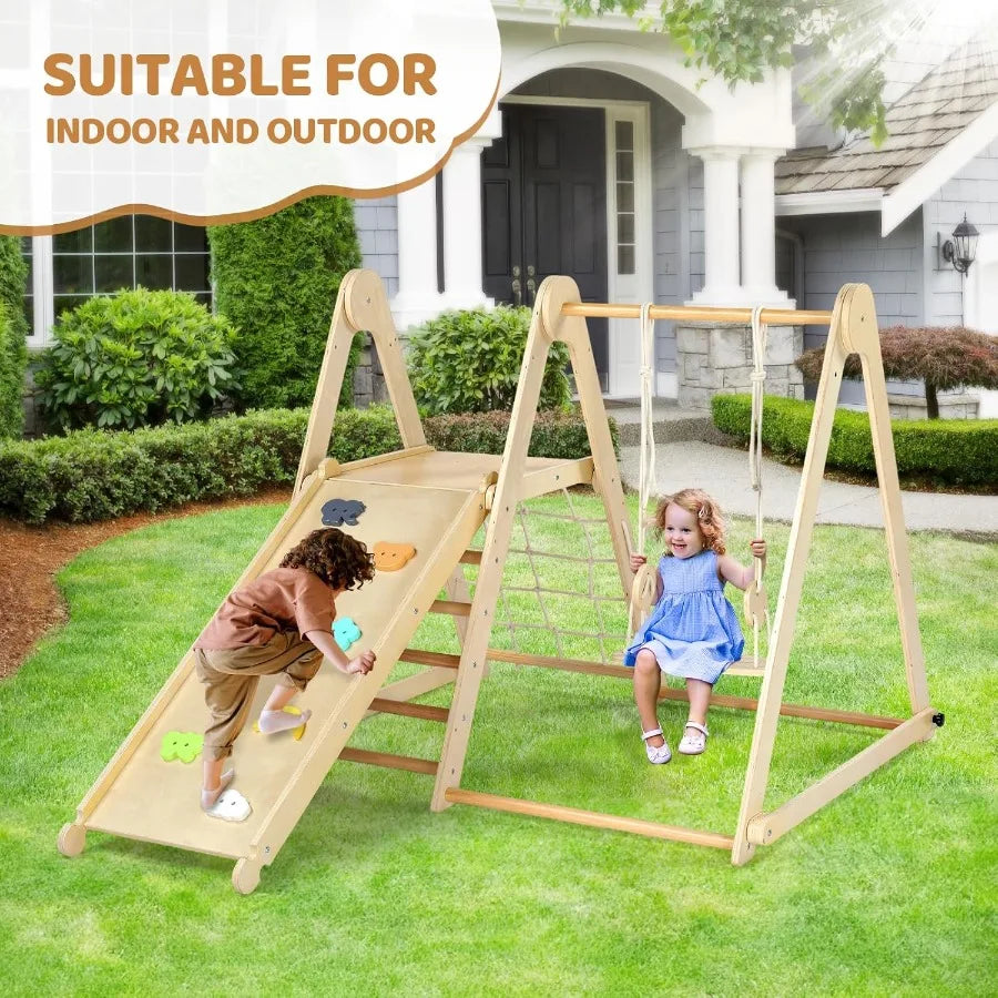 7-in-1 Foldable Indoor & Outdoor Jungle Gym – Wooden Climbing Set with Adjustable Swing
