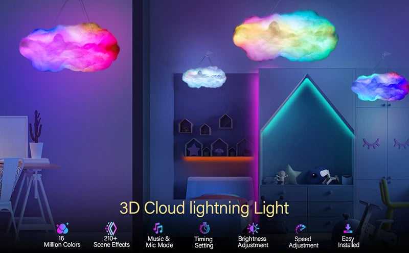 3D Cloud Lighting Light Led Lamp Multicolor Bedroom Clouds Lights Thunder Clouds Room DIY Music Sync Smart APP Control USB