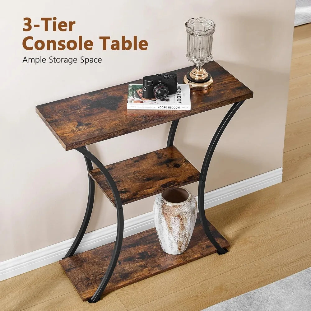 3 Tier Console Table with Open Wood Shelves, Decorative Entryway Table with Curved Metal Frames, Narrow Sofa Table for