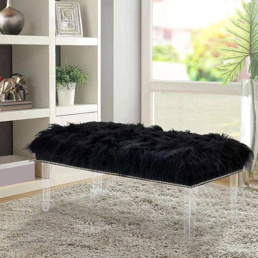 Black Upholstered Bedroom Bench – 46″ White Faux Fur Tufted Bench