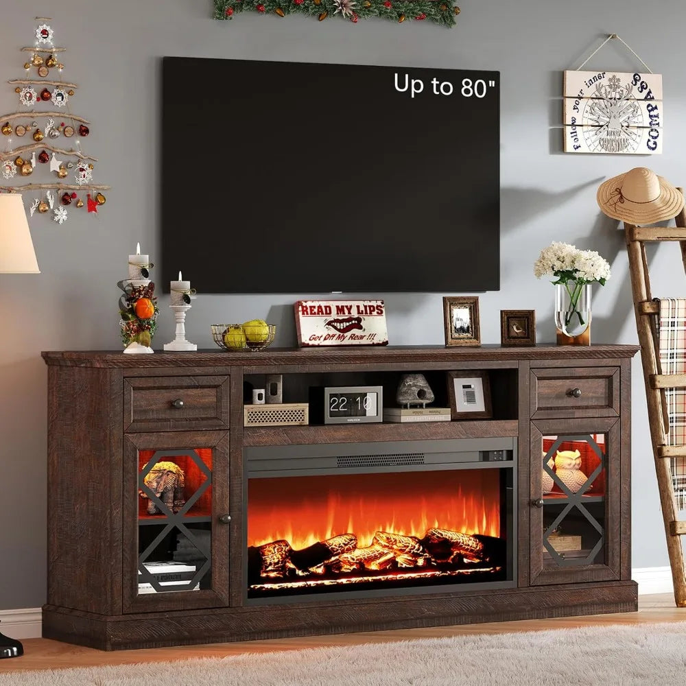 Farmhouse Style 70-Inch Fireplace TV Stand, Accommodates 80-Inch TVs, Large LED Entertainment Center with 37-Inch Firep