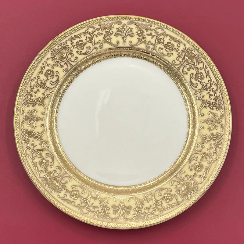 7″ Embossed Disc Bone Plate with Gold Edge – Light Luxury Dinner & Dessert Plate