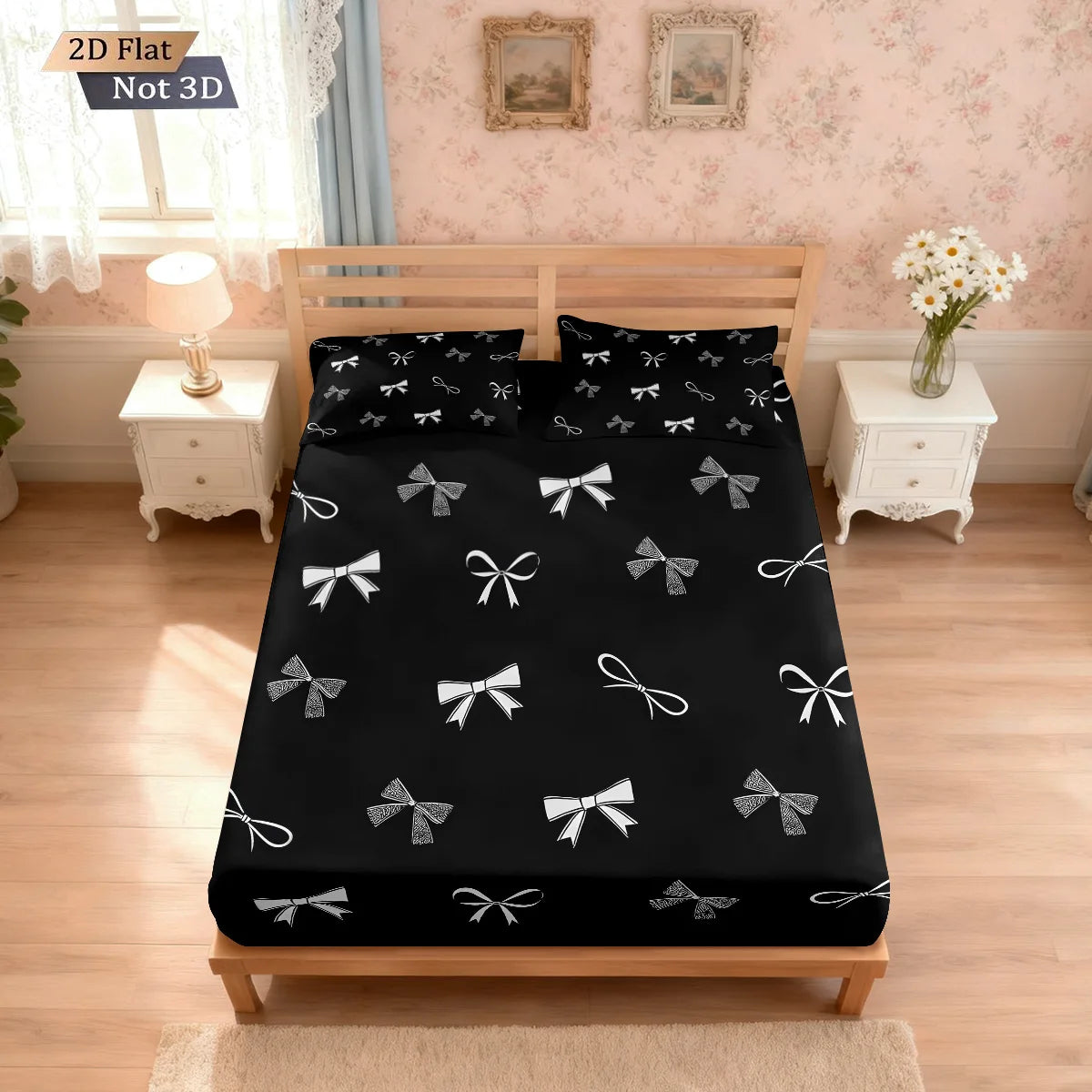 3pcs Beautiful Bow Black Printed Coreless Bed Sheet Set Multi Size Bed Cover Bedroom Bedding Decoration Machine Washable