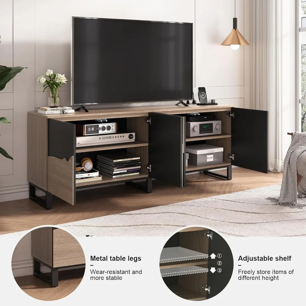 Black 70-Inch TV Stand with Power Outlet, Large Entertainment Center for 75 TVs, Adjustable Storage Cabinet