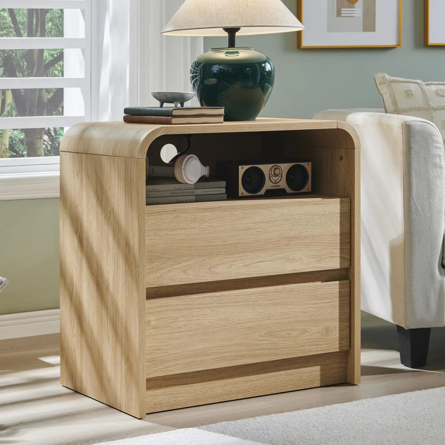 25" Tall Modern Nightstand with Charging Station, 23.6'' Wide Wood Bedside Table w/2 Storage Drawers,for Bedroom, Living Room