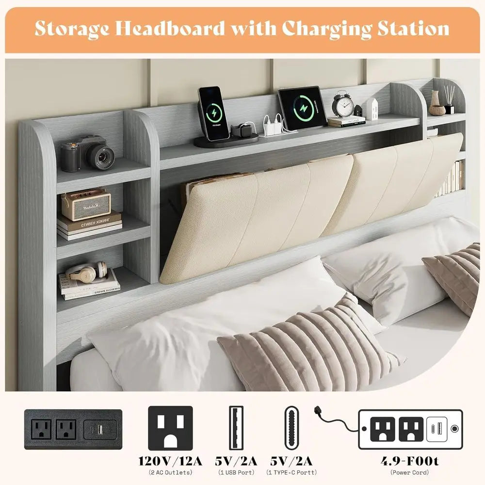 Grey King Size Upholstered Bed Frame with Bookcase Headboard – 4 Drawers & Hidden Storage