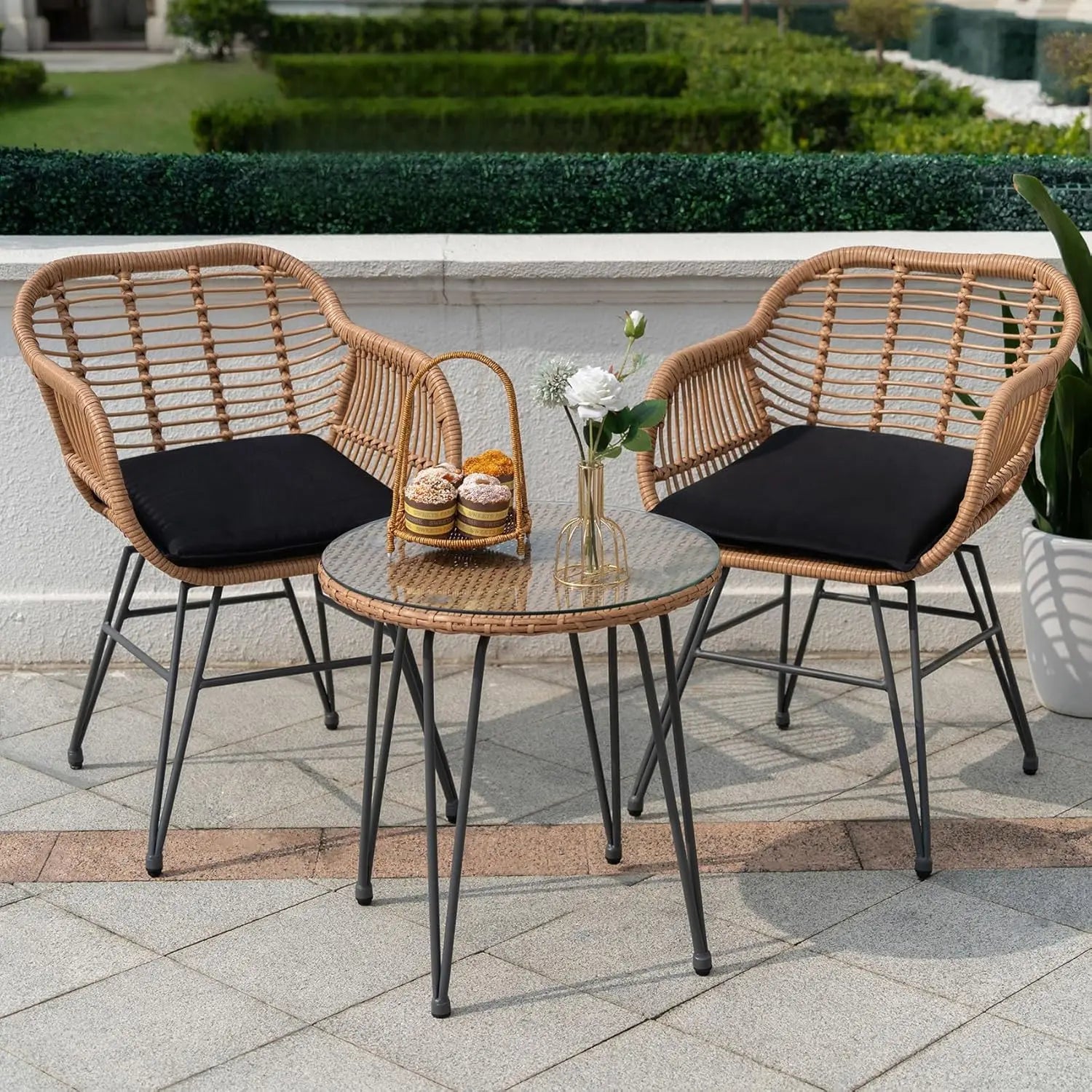 3 Piece Outdoor Wicker Bistro Set, Patio Conversation Sets w/2 Large Rattan Chairs and Tempered Glass Table, Patio Furniture