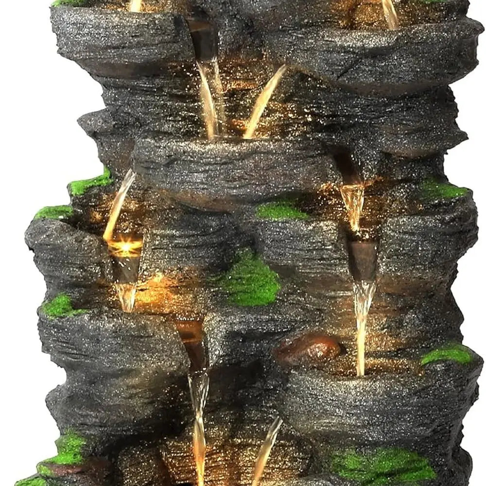 40''H Outdoor Water Fountain - Garden Rock Waterfall Fountains, Outdoor/Indoor Floor Standing Resin Water Fountain with 10 LED L
