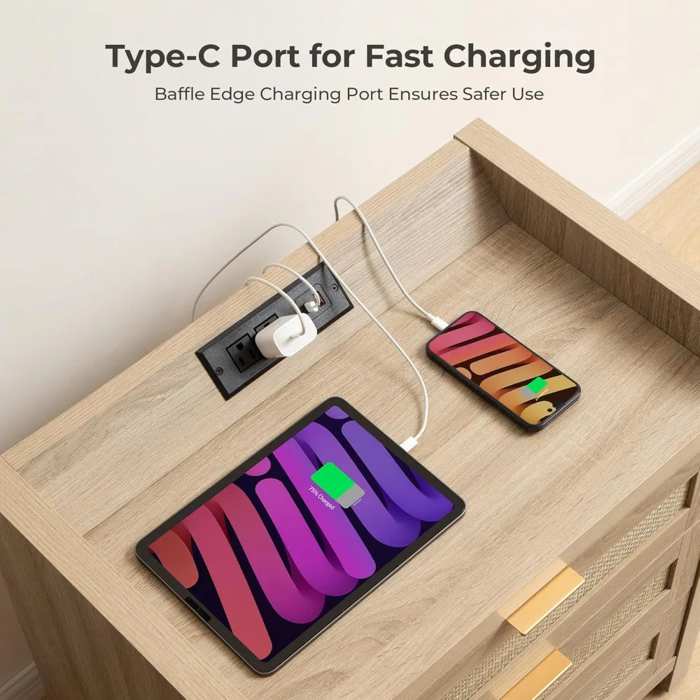 SICOTAS Rattan Nightstand Bedside Table - Larger Night Stand with Type-C Charging Station, 3 Drawers Storage - Boho Night Stands