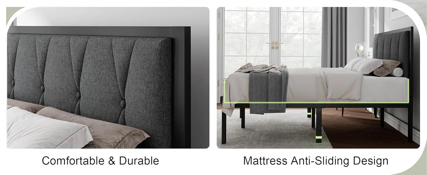 Queen Metal Bed Frame with Fabric Button-Tufted Headboard – 12″ Underbed Storage