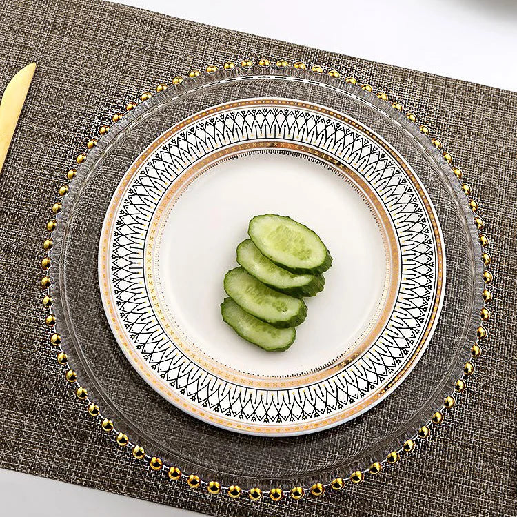 Golden Beaded Round Glass Plate – Transparent Dessert & Fruit Display Tray