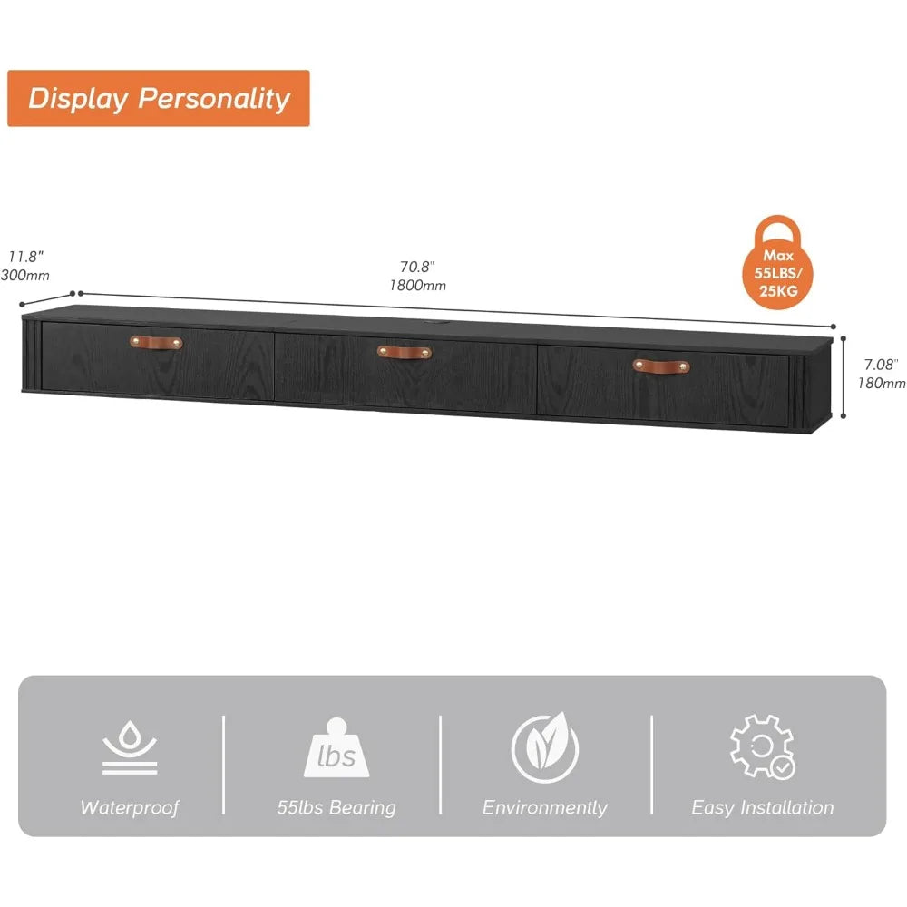 Floating TV stand, wall mounted, wooden media console entertainment center, with cabinet, 70 inch floating TV stand